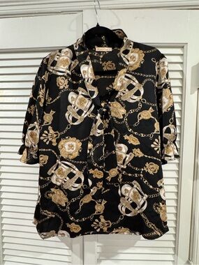 Miao Miao Mixed Chain Print Tie-Neck Shirt - Black & Gold